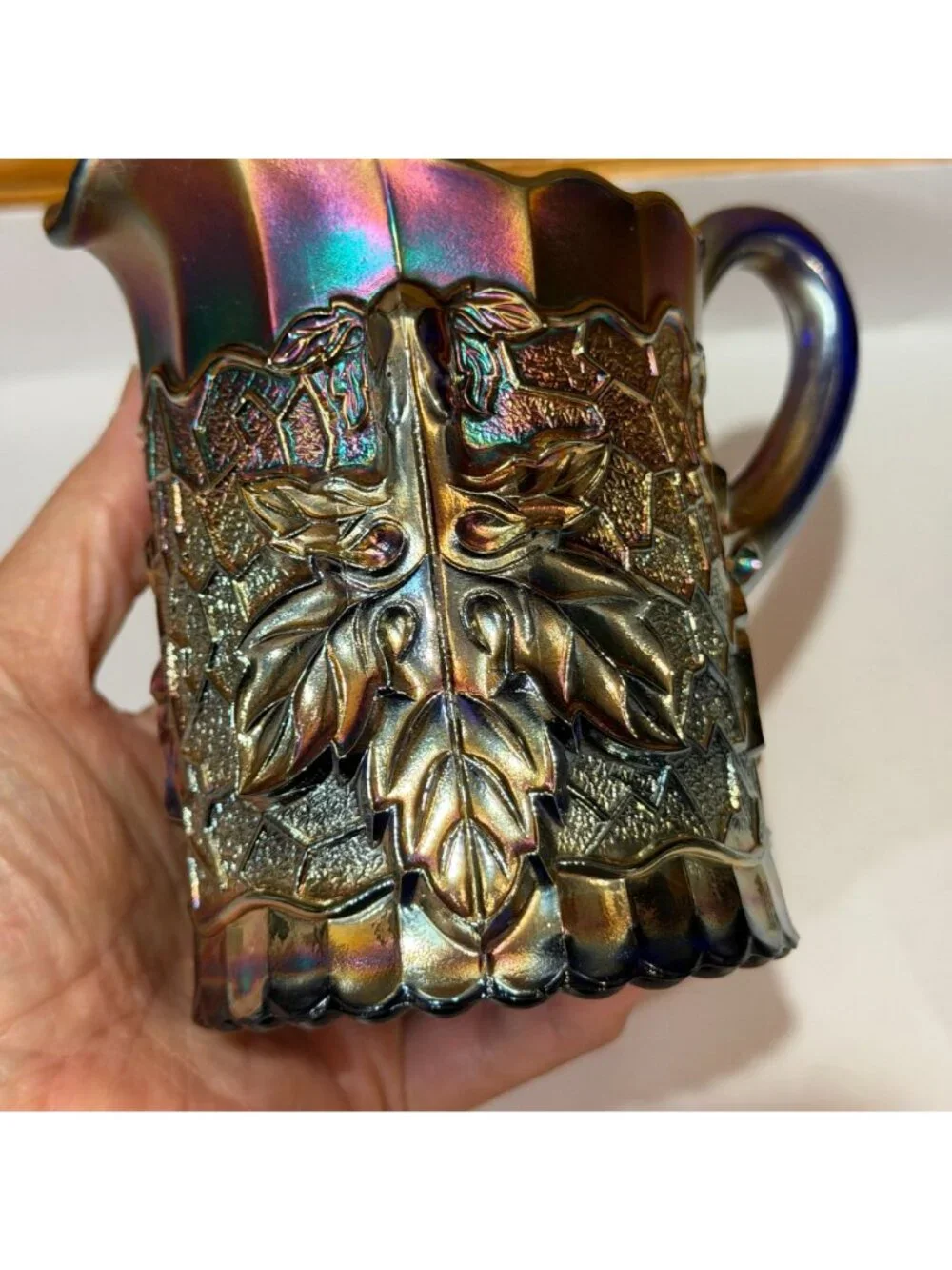 Vintage Dugan Carnival Glass Maple Leaf Iridescent Cobalt Blue Glass 4.5 Creamer